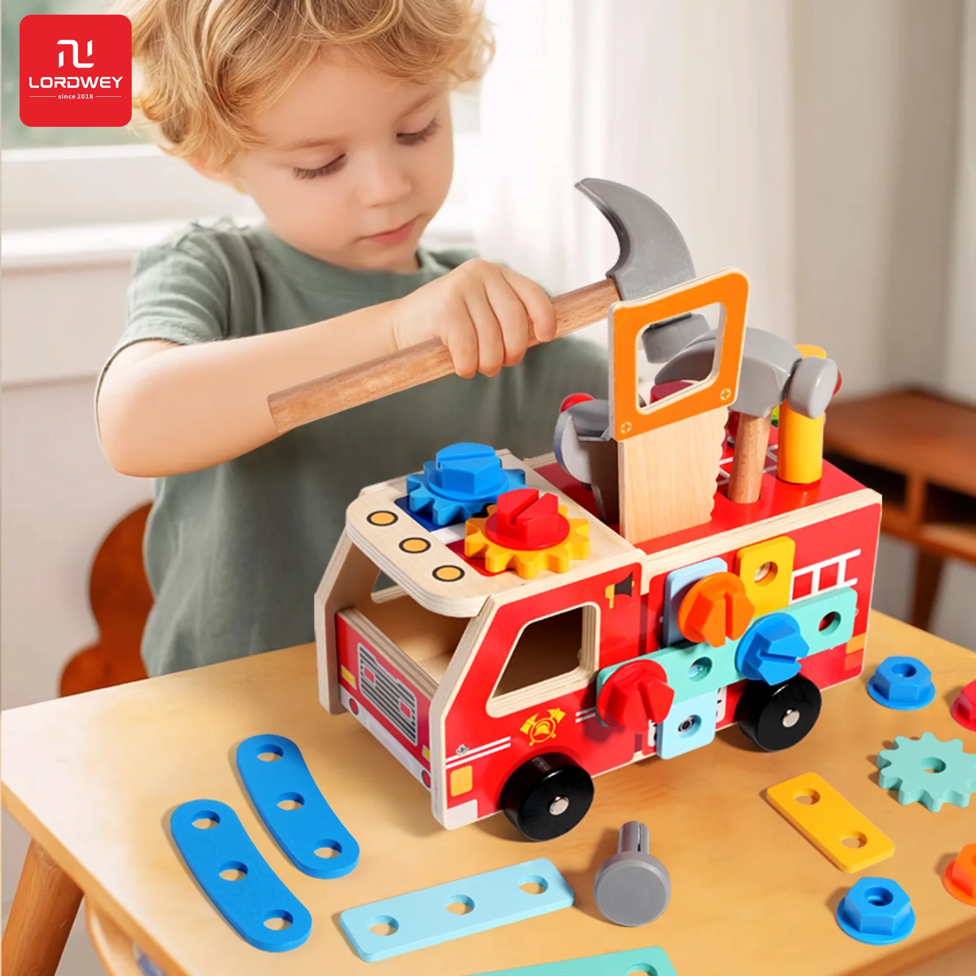 ของเล่นเสริมพัฒนาการ ของเล่นทดลองวิทยาศาสตร์ LORDWEY | Wooden Montessori Fire Truck - Nut Screw Disassembly Assembly Tool Car, STEM Toy for Toddlers To Develop Hands-On Skills ราคา 682 บาท*ส่งฟรี