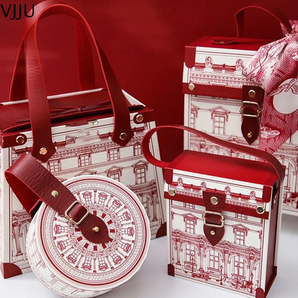 VJJU Tay cầm bằng da Hộp giấy Quà Tặng Cổ điển Kiến trúc Châu Âu Bao bì Tinh tế Vuông/Tròn Túi kẹo Tiệc sinh nhật