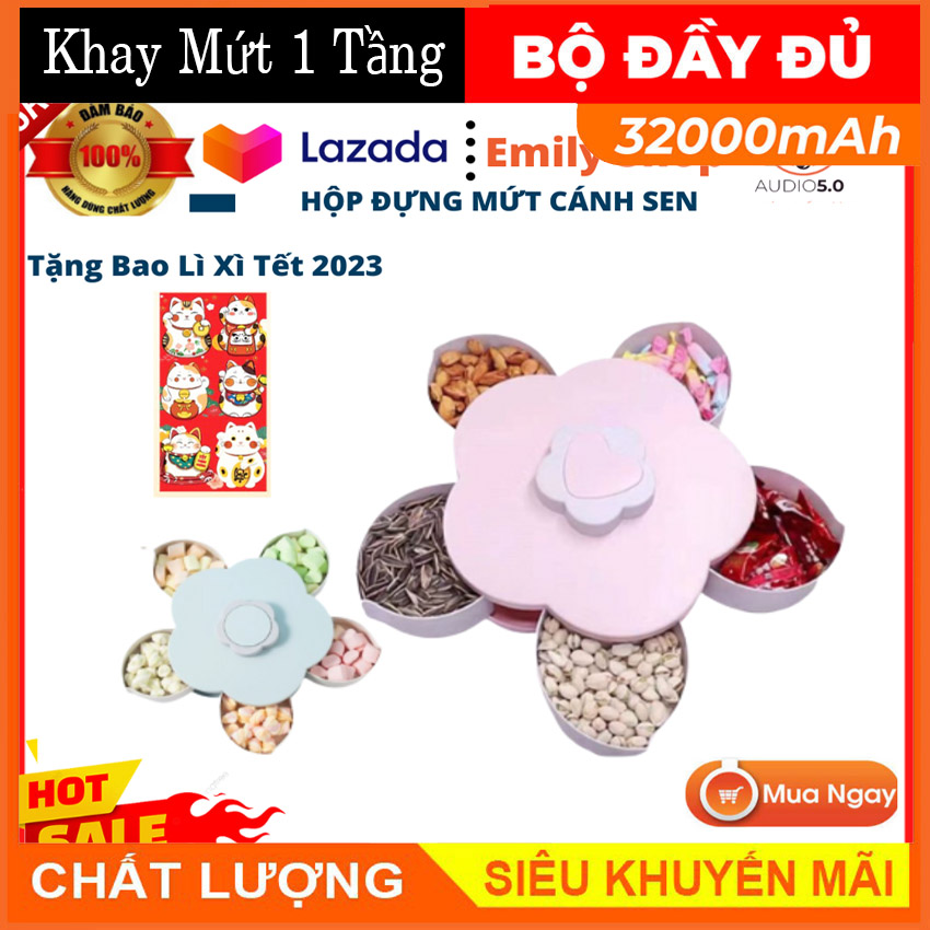 Khay đựng mứt kẹo tự xoay hình cánh hoa 5 ngăn - Hộp đựng bánh mứt cánh hoa sen 1 tầng - Hộp đựng bánh kẹo - Có giá đỡ điện thoại