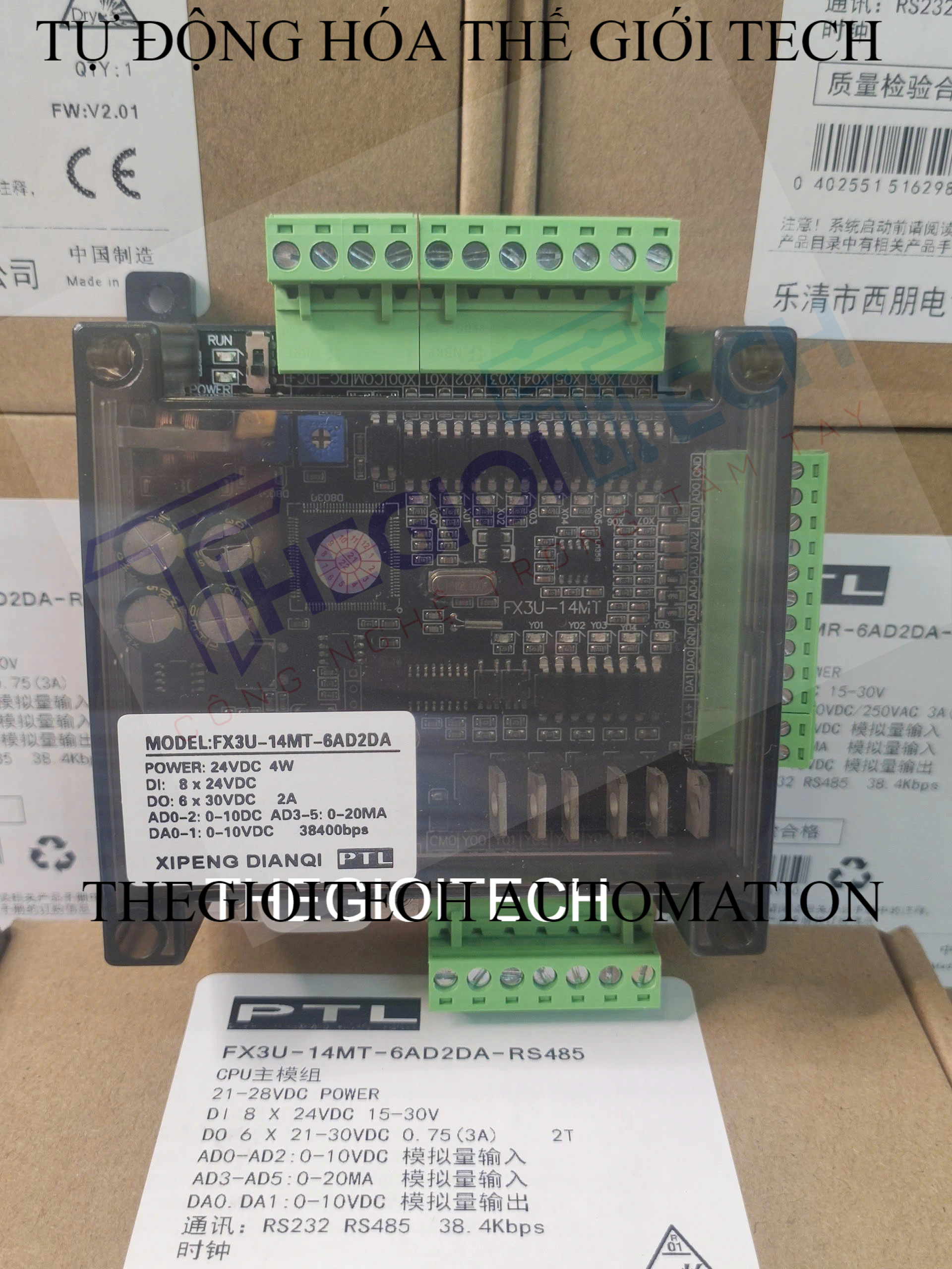 Board Mạch PLC Mitsubishi PTL FX3U-14MT-6AD-2DA 8 In 6 Out Transistor RS232 RS485 MODBUS RTU GX Works2 Analog 0-10V 0-20mA