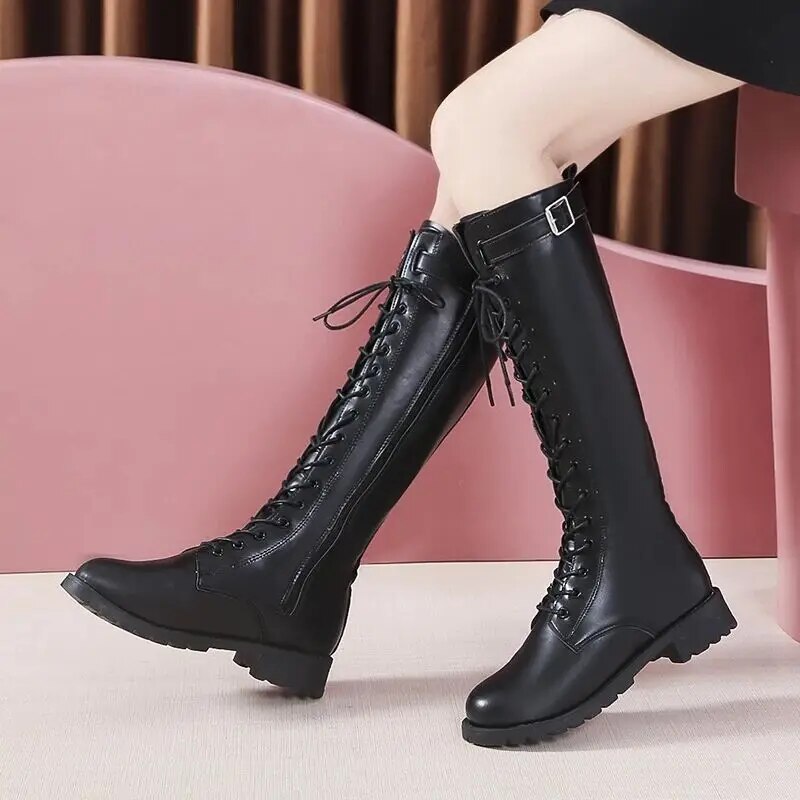 Plus Size Autumn Winter Knee High Boots Women Fashion Buckle High Tube PU