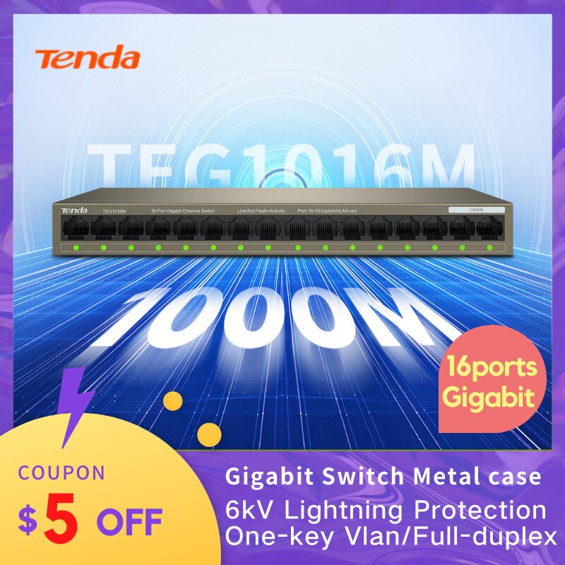 Tenda Thiết bị chuyển đổi Gigabit Ethernet teg1016m 16 cổng máy tính để bàn kim loại Bộ chia mạng PoE 5 mạng cổng công tắc chuyển đổi Gigabit Bộ chia mạng PoE Ethernet cho văn phòng nhà cửa