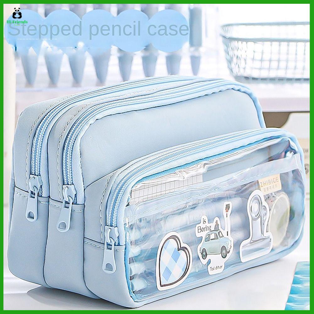 HI FRIENDS Kiểu cầu thang Hộp Bút Chì Nhiều lớp Sức chứa lớn Túi đựng bút Thiết kế đặc biệt Vách ngăn trong suốt Túi đựng văn phòng phẩm Đồ dùng học tập văn phòng