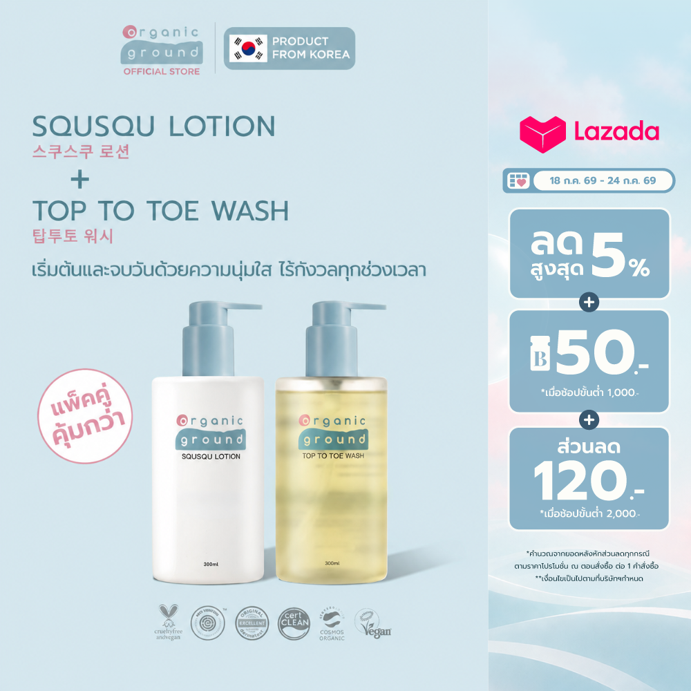 Organic Ground Top to Toe Wash & Squsqu Lotion, a Lightweight Lotion and Gentle Liquid Soap Formula for Children. ราคา 1,862 บาท*ส่งฟรี