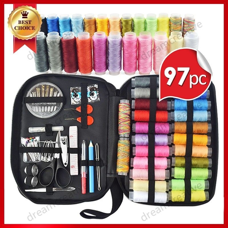 97pcs ชุดเข็มและด้าย DIY ชุดเย็บผ้าพกพา กล่องเย็บผ้ามัลติฟังก์ชั่น