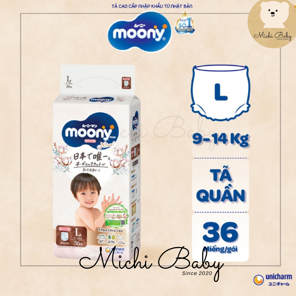 Tã Bỉm MOONY NATURAL Trắng Dán/Quần NB62/S58/M46/L38/L36/XL32 - Michi Baby MC555 - 5