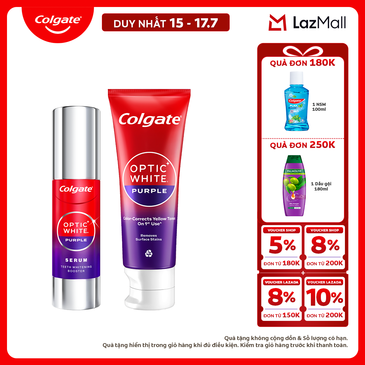[Chỉ 15-17.7_X2 Voucher giảm đến 18%] Bộ đôi Colgate Optic White Purple: Serum và Kem đánh răng trắng răng, trung hòa sắc vàng tức thì