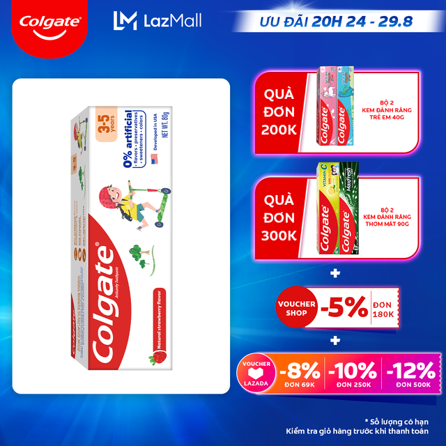 [Ưu đãi 20H 24.8 - 29.8_Áp voucher Colgate 5% + voucher LZD 8%]Kem đánh răng Colgate Kid Free From cho trẻ em 3-5 tuổi không hương liệu và chất bảo quản 80g/tuýp
