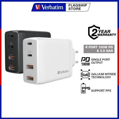 Verbatim 4 Port 100W PD 3.0 & QC 3.0 GaN USB Charger DUAL USB-C 100W, 4 Ports, 2 x PD + 2 x QC, Macbook Pro 66545 66546