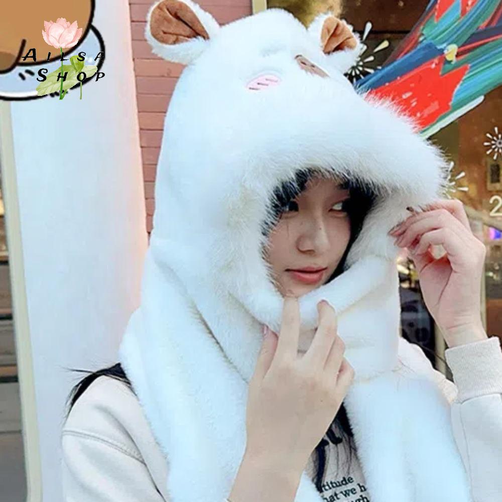 AILSA Lông thỏ giả Bộ găng tay Khăn quàng cổ mũ capybara Phong cách Hàn Quốc Hoạt hình Mũ chui đầu lớn Thời trang Mềm Mũ 3 trong 1 Học sinh