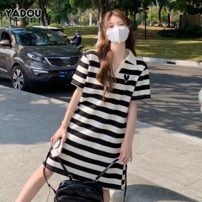 YADOU Mid-Length Dress, plus Size Maternity Dress, Striped Polo Skirt ราคา 138 บาท*ส่งฟรี