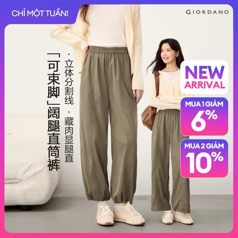 GIORDANO Women Pants Chnch-Hem Ankle Length Pants Elastic Waist Wide Leg Fashionable Casual Loose Pants 13426631