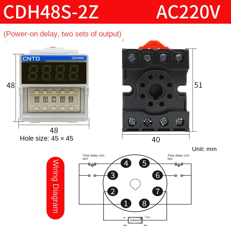 Rơ-le Thời Gian Số CDH48S-1Z/2Z Changde - Chu Kỳ Trễ, AC220V/380V, DC24V, 1NO+1NC/2NO+2NC, Điều Khiển Thời Gian - CDH48S-2Z(AC220V)
