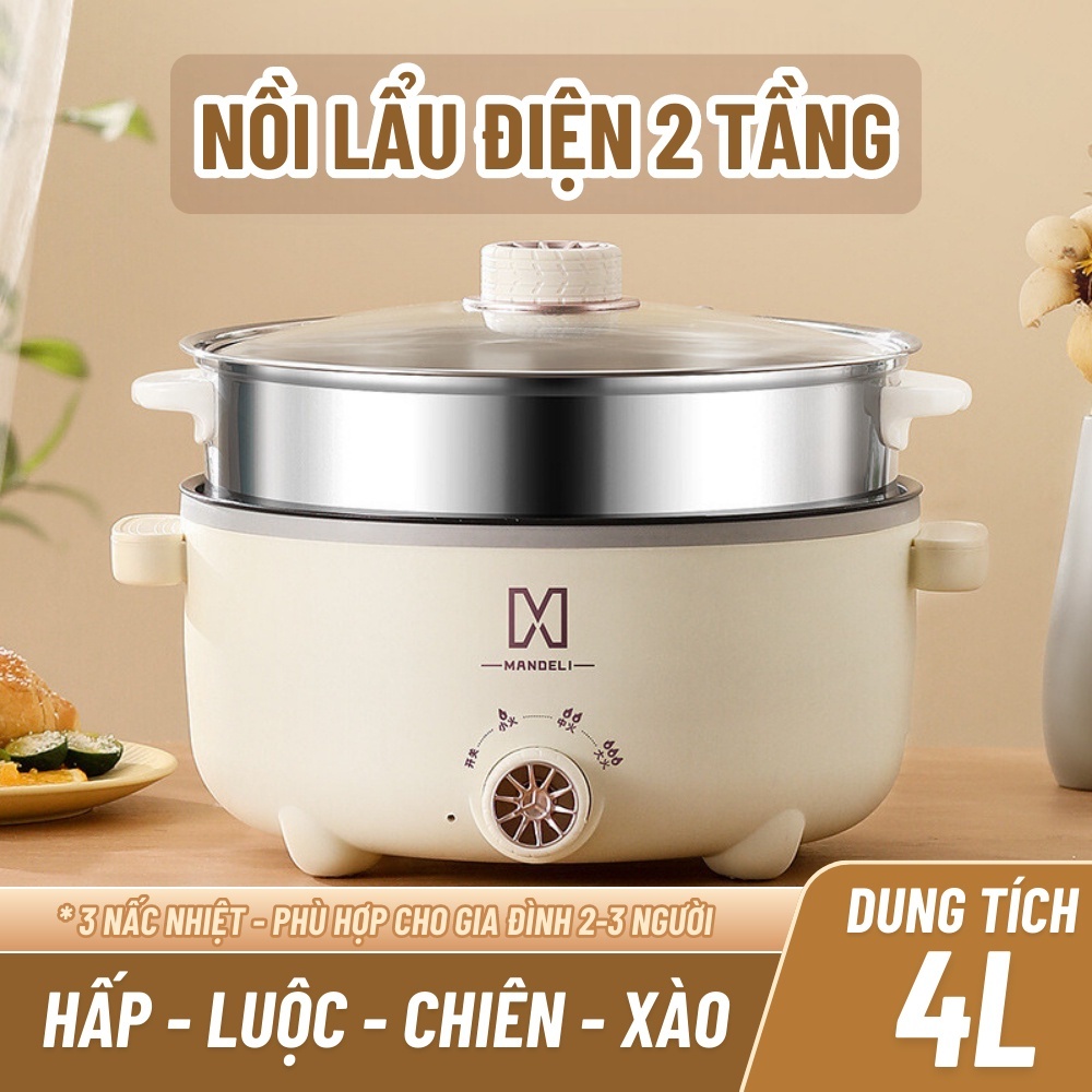 Nồi Lẩu Điện Mini MANDELI 4L. Nồi Lẩu Điện Đa Năng 2 Tầng Mandeli Kèm Giá Hấp 28 cm Tráng Men