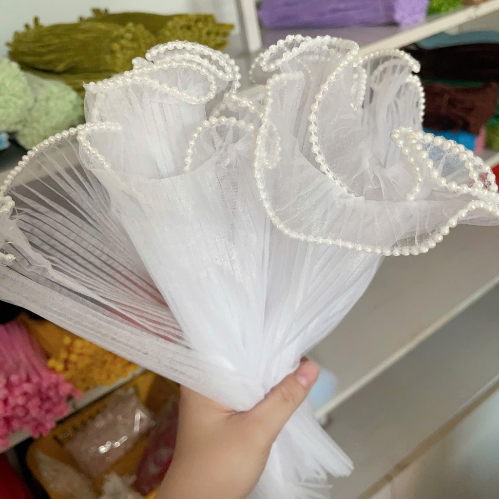 [hỏa tốc hcm] VOAN SÓNG VIỀN NGỌC XẾP LY GÓI HOA KIỂU HÀN QUỐC KT 28cm*4,5m màu trắng ANGIHOME