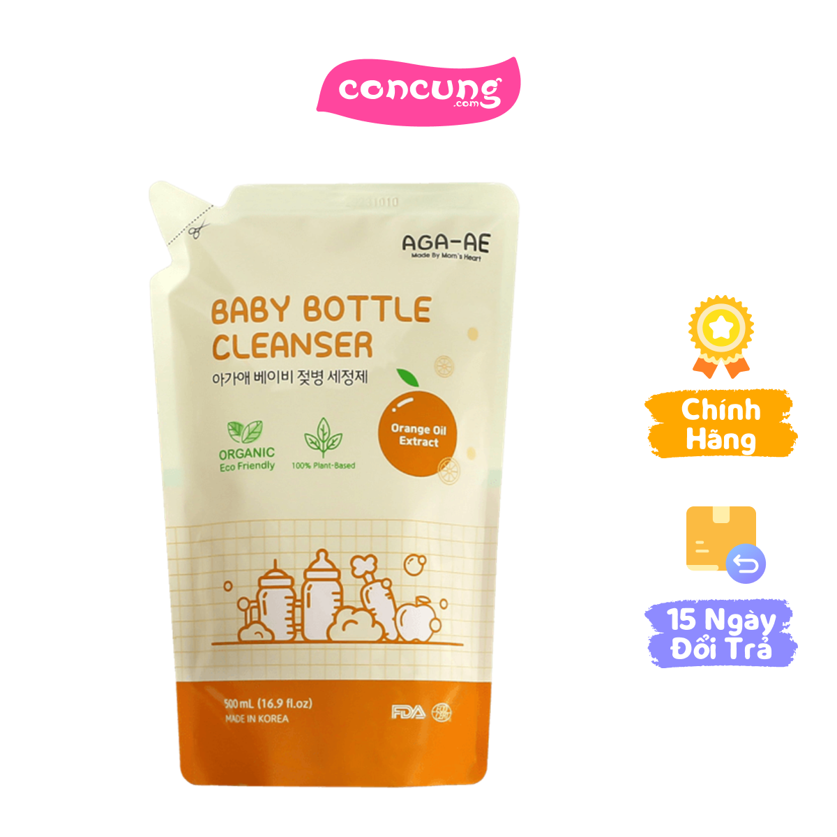 Nước rửa bình sữa AGA-AE hương cam - Túi 500ml (Giao bao bì ngẫu nhiên)