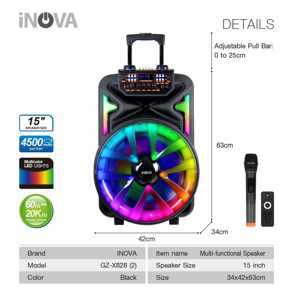 Global House INOVA ชุดลำโพงอเนกประสงค์ ขนาด 15 นิ้ว รุ่น GZ-X828 (2) สีดำ รับประกันของเเท้! ราคา 3,487 บาท*ส่งฟรี