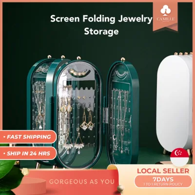 【CAMILE】 Screen Folding Jewellery Storage Box 4 sides Fold Jewelry Accessories Jewelry Organizer Earring Necklace Organizer Jewellery box Dustproof Jewelry Holder