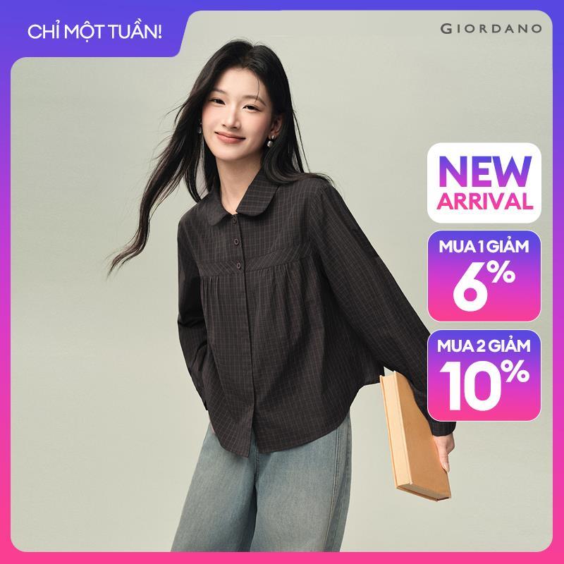 GIORDANO Women Shirts Doll Collar Trendy Retro Plaid Shirts Long Sleeve Fashionable Casual Loose Shirts 18346825
