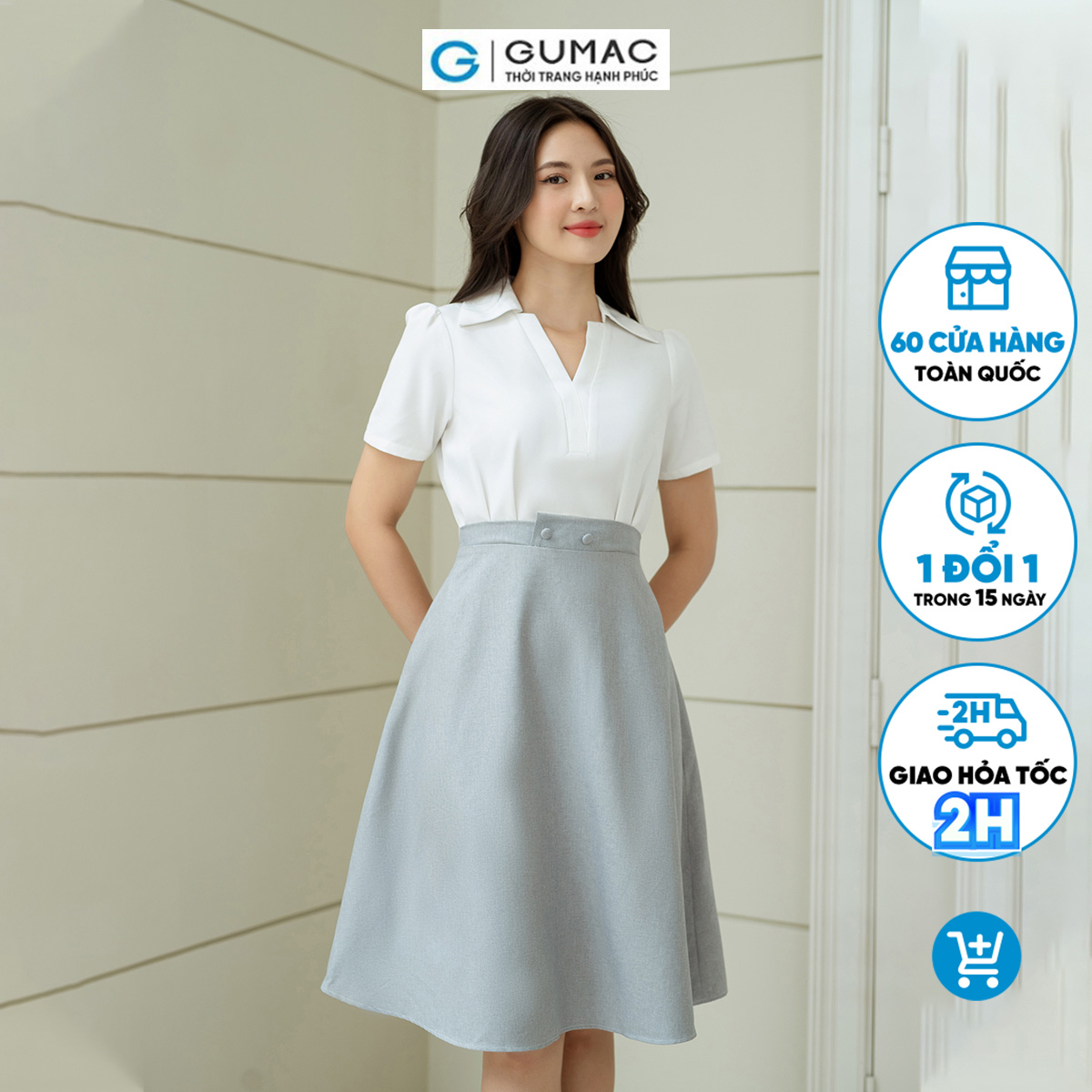 Đầm dáng a công sở gumac dd08025 cổ sơ mi, eo kiểu đính nút