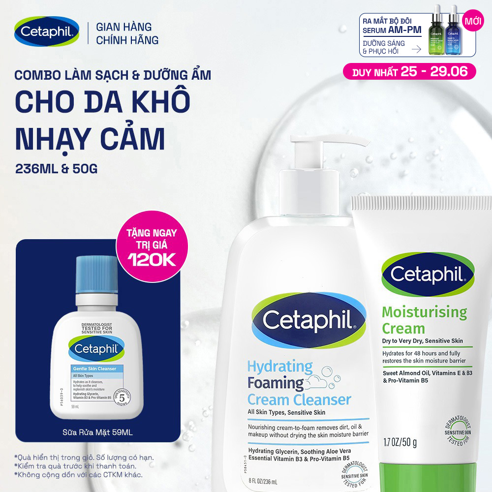 Combo Sữa Rửa Mặt Tạo Bọt Cetaphil Hydrating Foaming Cream Cleanser 236ml + Kem dưỡng ẩm CETAPHIL MOISTURISING CREAM 50G