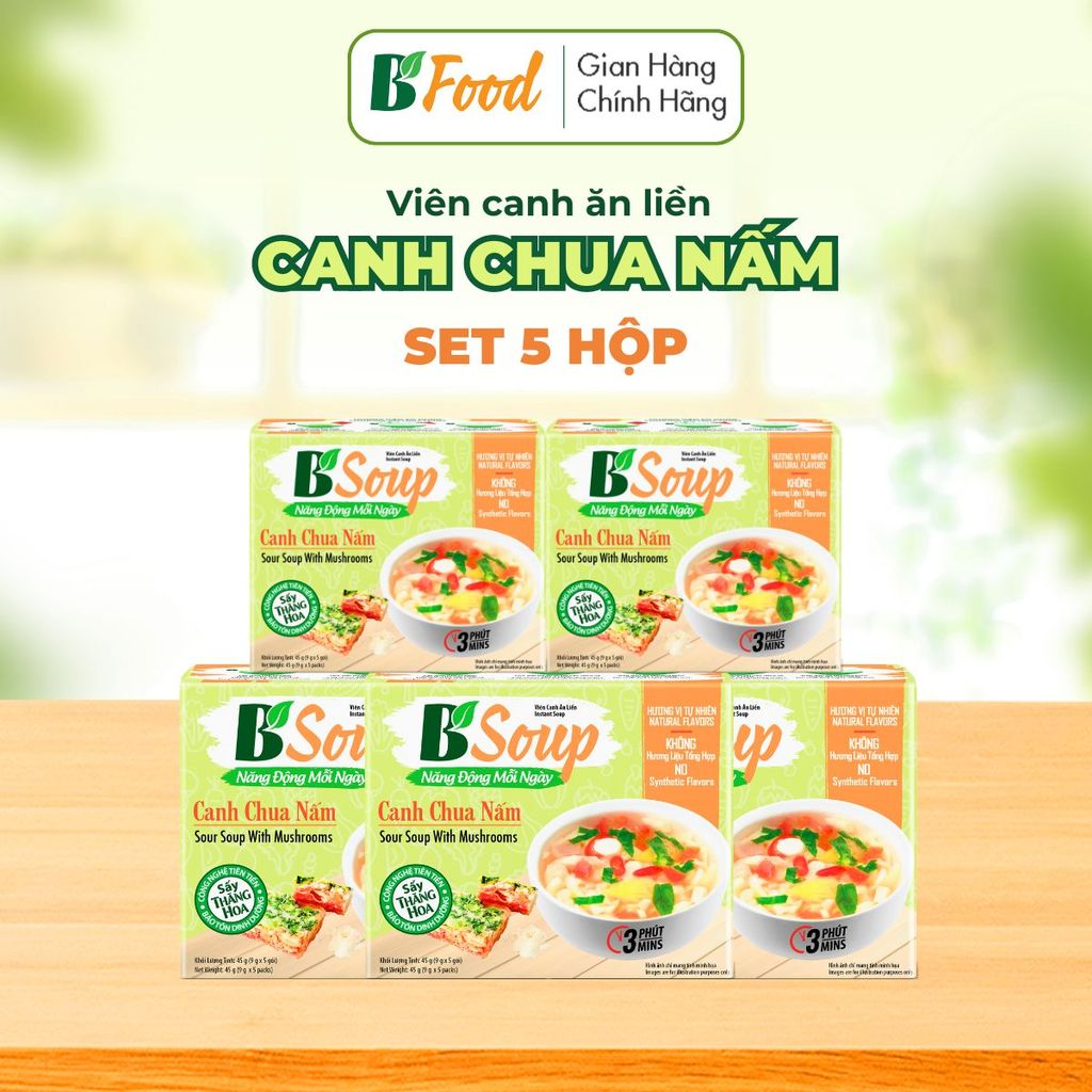 5 Hộp/ 25 Viên Canh Chua Nấm Ăn Liền, sấy thăng hoa, thực phẩm tiện lợi nhanh chóng, B' Soup