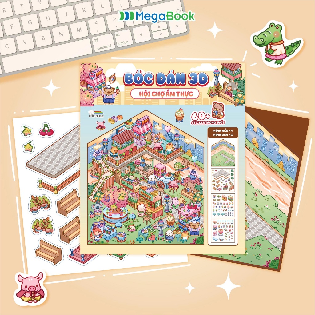 Sách Bóc dán 3D - Hội chợ ẩm thực (Đồ chơi bóc dán 60+ Sticker cho bé)