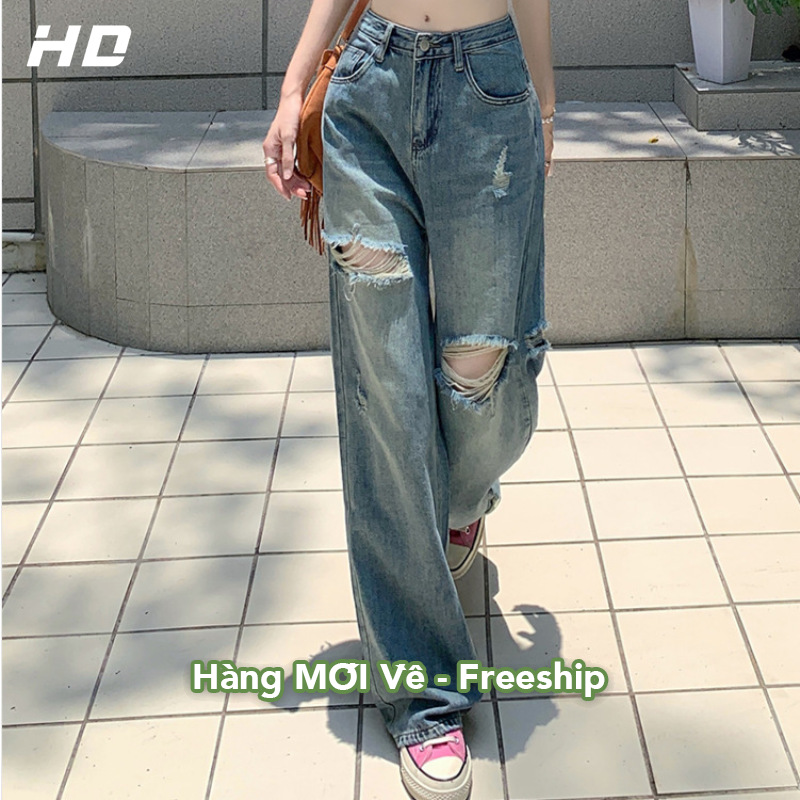 Quần jean nữ quần ống suông quần ống rộng Quần jeans rách cổ điển kiểu Mỹ quần bò ống rộng nữ quần jean nữ ống đứng quần jean dài nữ
