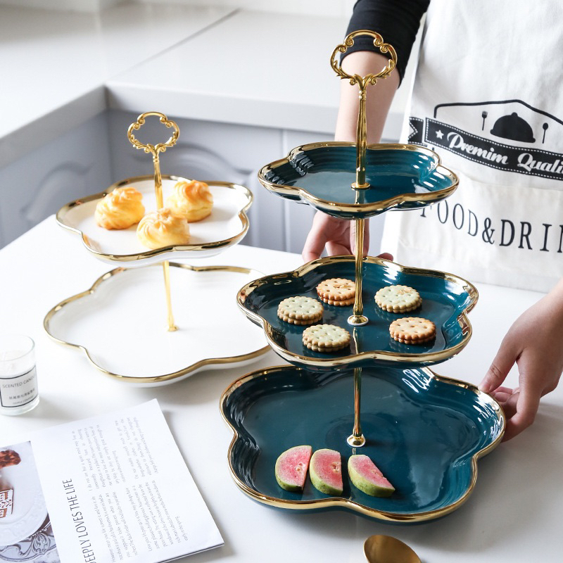 Đĩa sứ ba tầng vân đá, khay sứ ba tầng mầu hồng cao cấp Huy decor