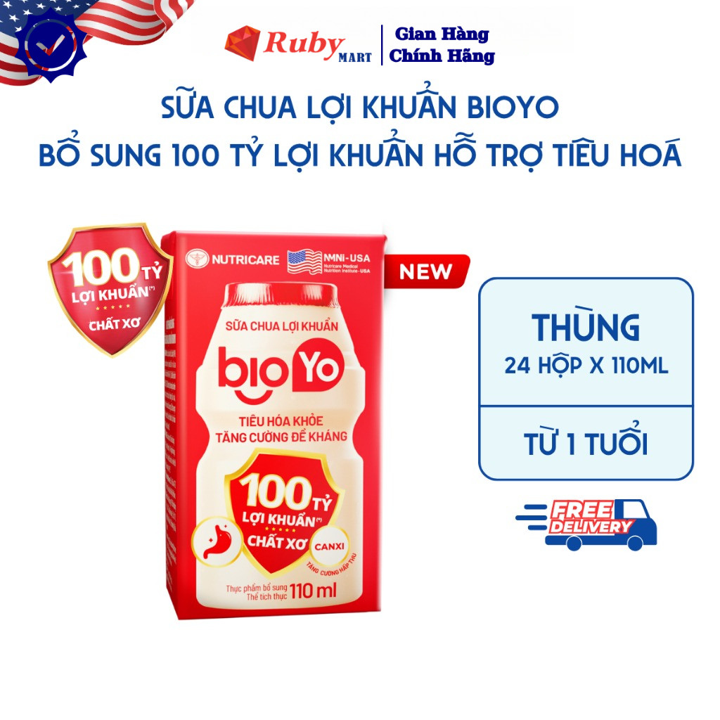 Thùng 24 Hộp Sữa Chua Lợi Khuẩn NUTRICARE BIOYO Bổ Sung 100 Tỷ Lợi Khuẩn Tăng Cường Đề Kháng Tiêu Hoá Khoẻ 110ml