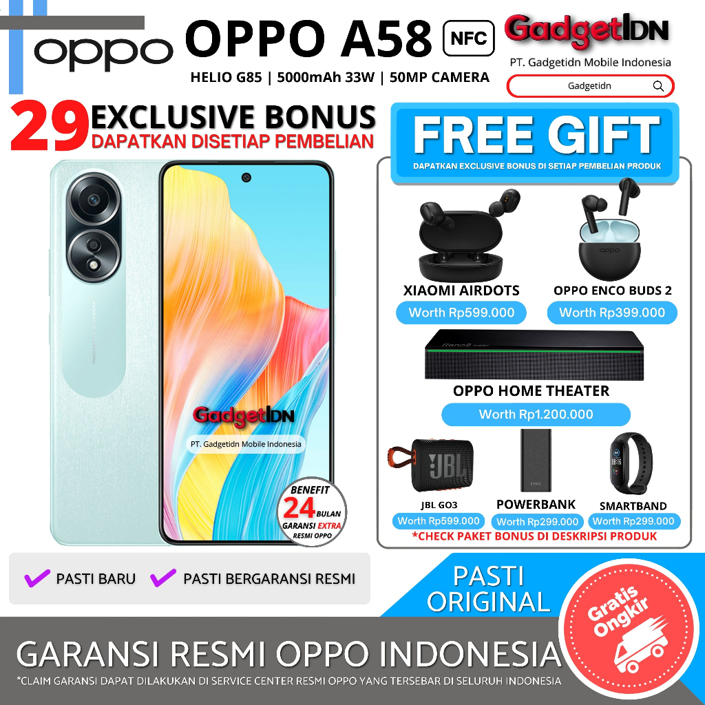 OPPO A58 NFC 8/128GB 6/128GB Garansi Resmi Oppo Indonesia Harga  2,399,000 Ringgit*Penghantaran Percuma