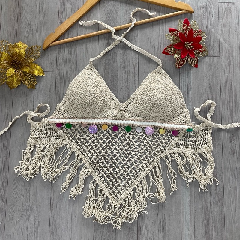 Set bộ bikini đi biển len móc 3 món gồm áo bra tua rua quần len móc áo khoác mỏng tay lỡ (có tách lẻ