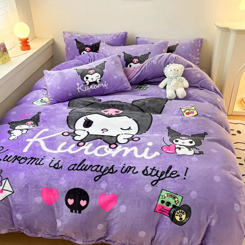 Giai Điệu Kuromi Sữa Nhung Bốn bộ chi tiết Phim Hoạt Hình Sanrio Giường vỏ chăn Ga trải giường Gối Bìa ký túc xá sinh viên 3Pcs
