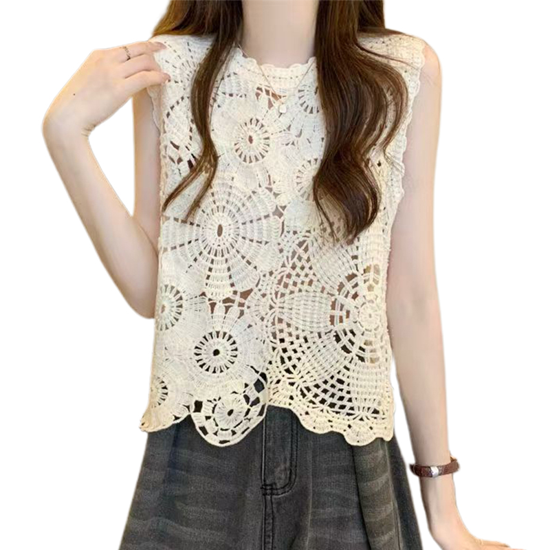 Beautifultime Phụ Nữ áo ba lỗ ngắn Giản Dị len móc mùa hè Hoa Cutouts Cơ Bản áo vest sát nách Thẩm M