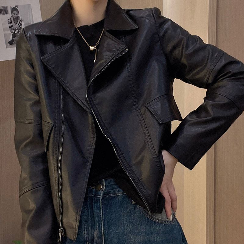 Áo khoác da ngắn cho phụ nữ mùa đông fashio áo khoác áo rộng màu đen