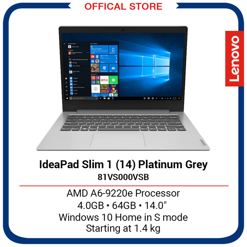 Lenovo IdeaPad Slim 1 (14) | AMD A6-9220e Processor | 4GB | 64GB | 14 | Platinum Grey | 2Y Premium Care warranty