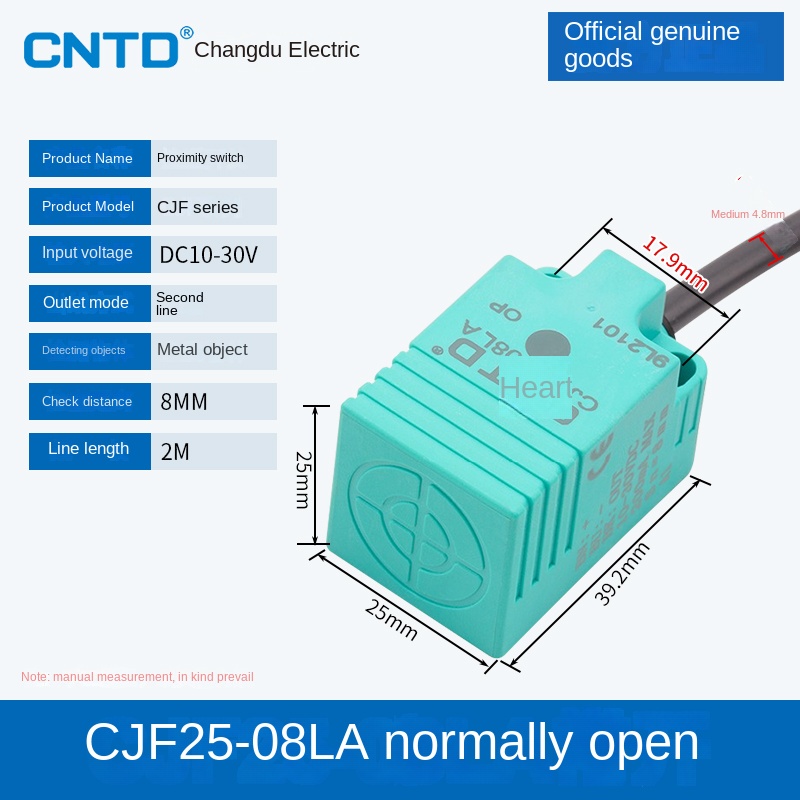 Cảm Biến Tiệm Cận CJF25-08LA CNTD | Tùy Chọn CJF18-05NA/NB/PA/PB/LA - NPN/PNP, 3 Dây DC, Phát Hiện Kim Loại 5-15mm Cho Tự Động Hóa