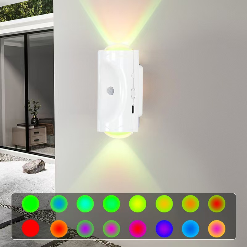 QIHUISHI Đèn tường không dây sạc lại được với cảm biến chuyển động và chùm kép để sử dụng ngoài trời trong nhà