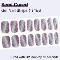Semi-cured Gel Nail Strips 16 Tips UV Gel Nail Polish Wraps Nail Art Decals Patch Gradient Glitter Nail Stickers UV Lamp Needed