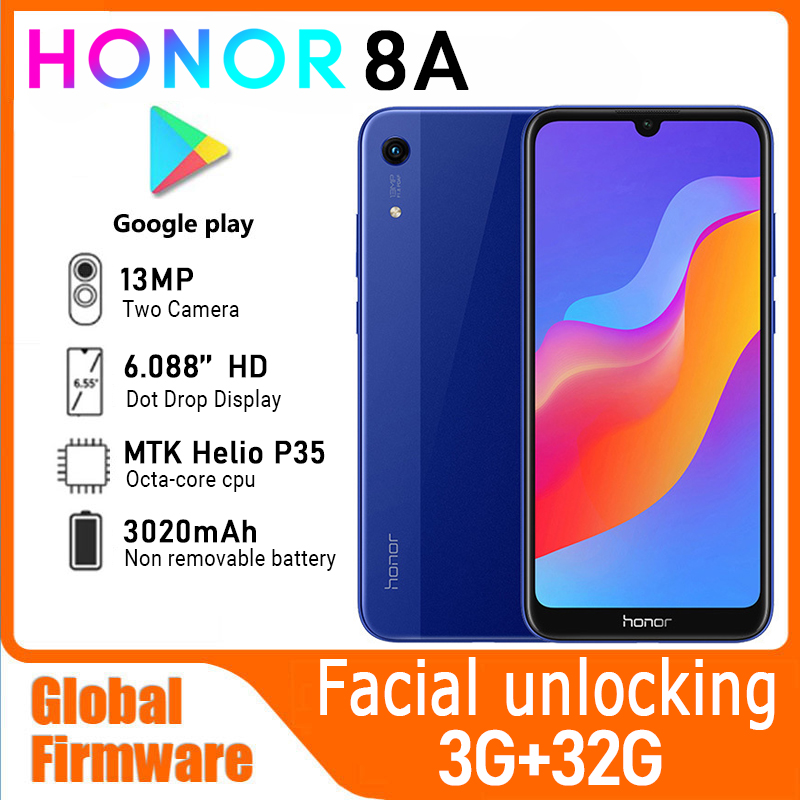 Used Phone HONOR 8A 4G smartphone global firmware 3020mAh battery CPU MediaTek Helio P35 camera 13MP used phone ราคา 2,154 บาท*ส่งฟรี
