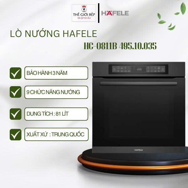 Lò nướng âm tủ Hafele HC-O811B 495.10.035 – 81L, 9 chức năng nướng, chiên không dầu, vệ sinh thủy phân, cửa kính 3 lớp, tiêu chuẩn A+ tiết kiệm năng lượng