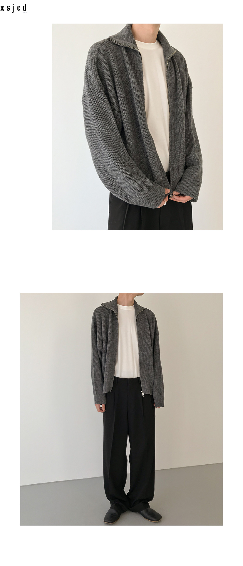 xsjcd Cardigan sweater jacket men's autumn and winter Hong Kong style solid color sweater trendy design casual stand-up540_voghion.com