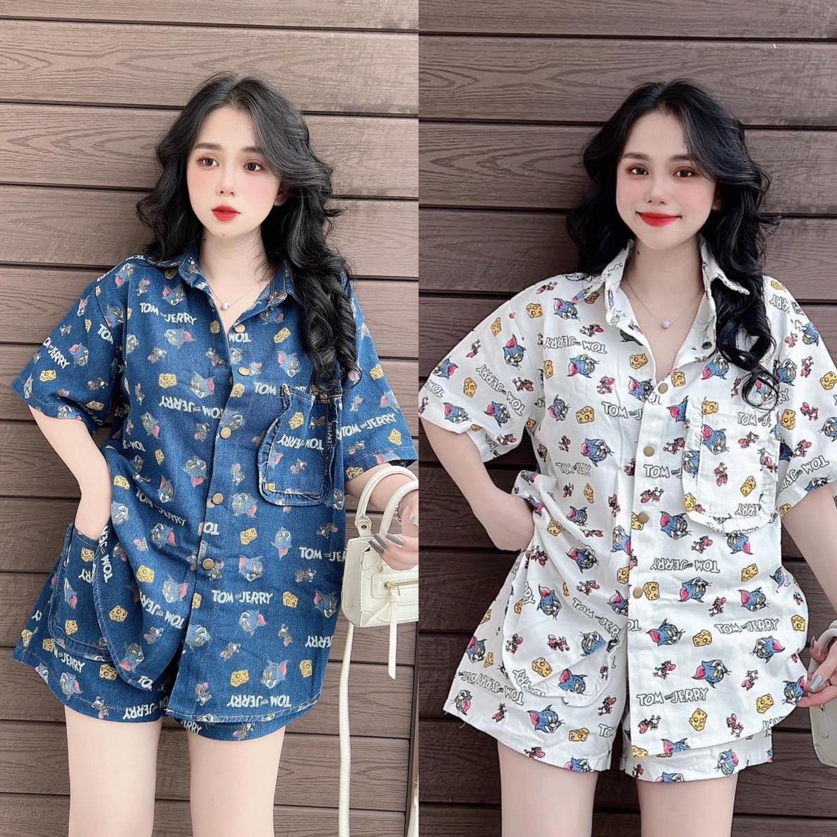 Set jean kaki tom and jerry áo sơ mi tay ngắn quần jean kaki mẫu mới