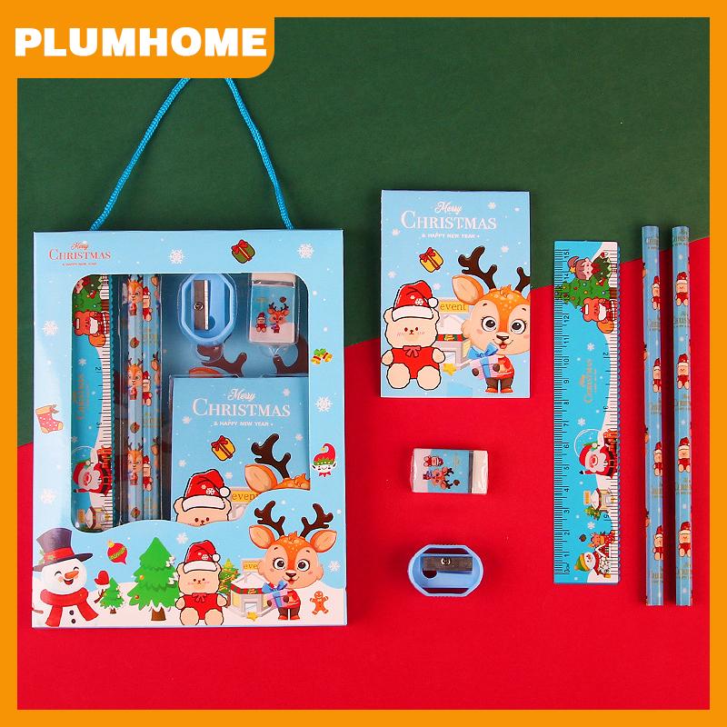 PLUMHOME 6 cái bộ giáng sinh loạt văn phòng phẩm bao gồm 2 bút chì 1 cục tẩy 1 gọt bút chì 1 ghi chú dán 1 thước kẻ đồ dùng học tập
