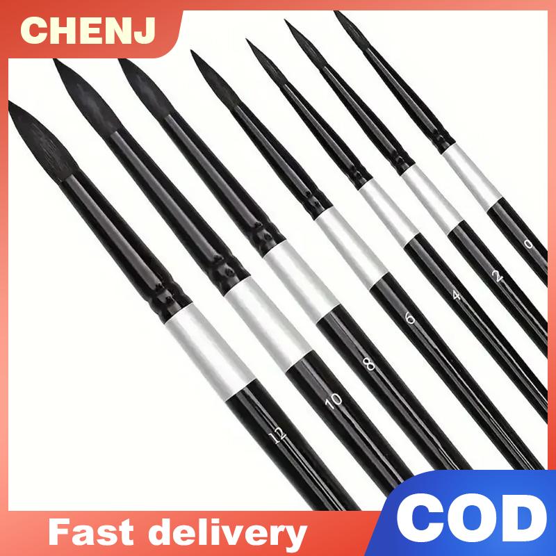 CHENJ ชุดแปรงศิลปะ7ชิ้น-ปลายกลม ปลายแหลมสำหรับ gouache H2O ชุดศิลปินเริ่มต้น w ด้ามไม้ (ไม่มีเพิง)