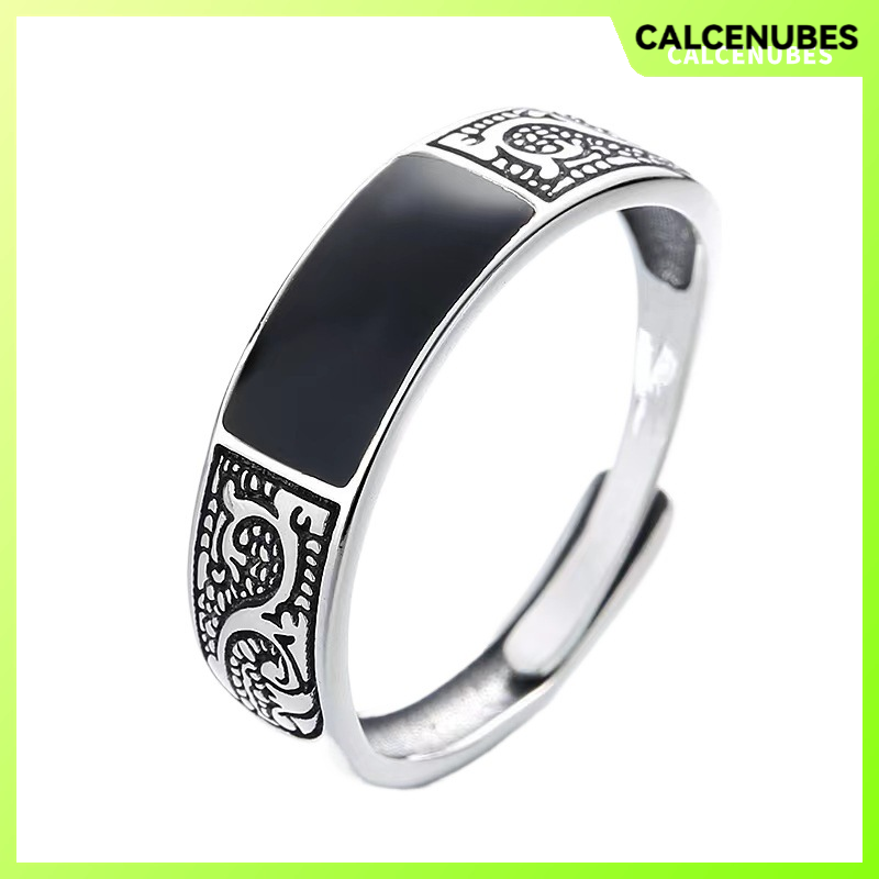 CALCENUBES Retro Dragon Pattern Men's Ring with Black Inlay, Fashionable Open Design for Trendy Personal Style ราคา 29 บาท*ส่งฟรี