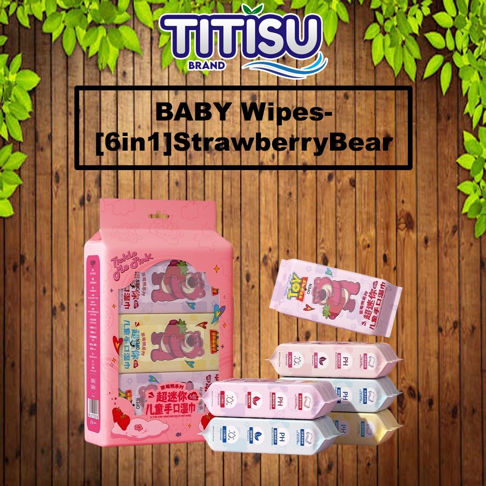 🧻[6in1] Tisu Basah Strawberry Bear Mini Wet Wipes Baby Wipes Cute Mini Portable Small Wet Tissue With Cartoon🧻