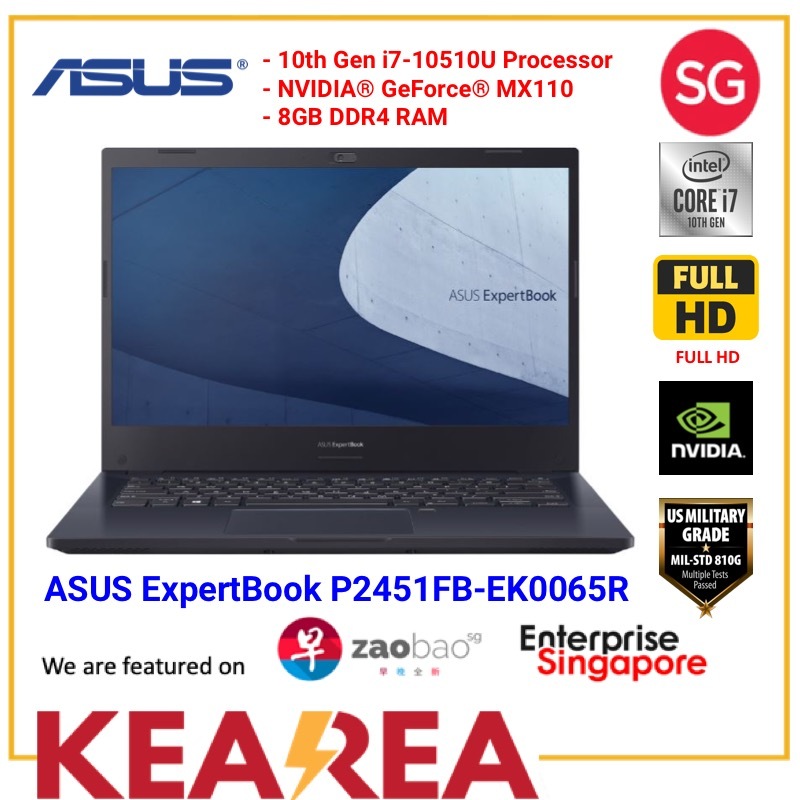 ASUS ExpertBook P2451FB-EK0065R / i7-10510U / 8GB RAM / 512GB PCIE SSD / MX110 2GB VRAM / 14” FHD / Wifi 6 / Win10 Pro / Backlit Keyboard / 3 Years local-onsite warranty