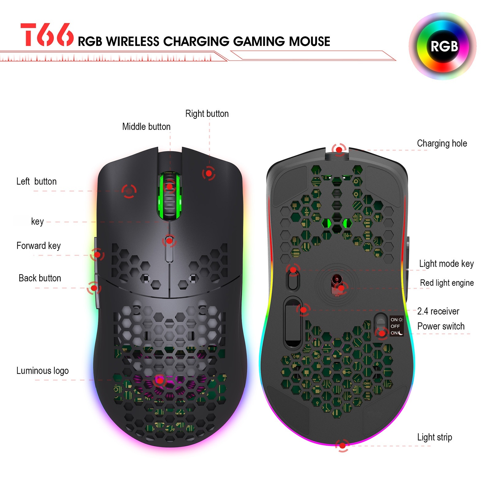 Hxsj T66 RGB 2.4G Chuột chơi game không dây Lighting RGB Chuột sạc Với Có Thể Điều Chỉnh Tốc Độ Di Chuyển Thiết Kế Tiện Dụng Cho Máy Tính Để Bàn Máy Tính Xách Tay Trắng