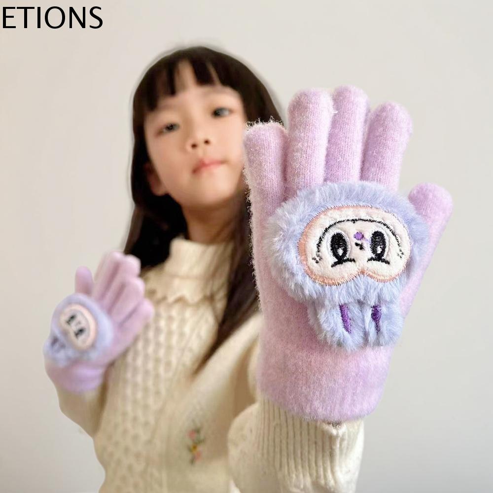 ETIONS Giữ ấm Găng tay chống lạnh labubu Mềm Chống gió Găng tay ngón tay trẻ em Quà Tặng Màu kẹo Găng tay búp bê nhung lông dày Mùa đông